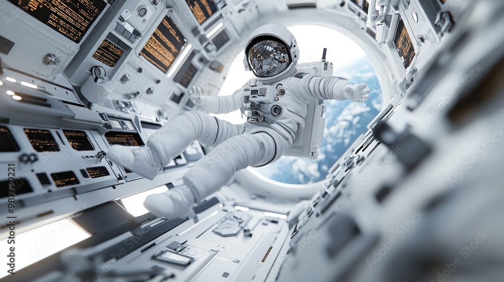 Poster an astronaut floats inside a spacecraft, with earth visible through a circular window.