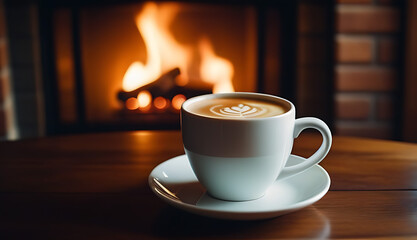 warm drink fireplace wooden table