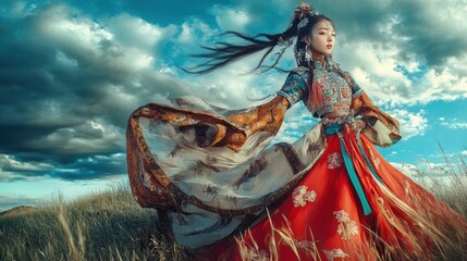 Obraz premium Mongolian girl cultural concept photography, blending traditional dress with elements of modern fashion, in a surreal and artistic composition