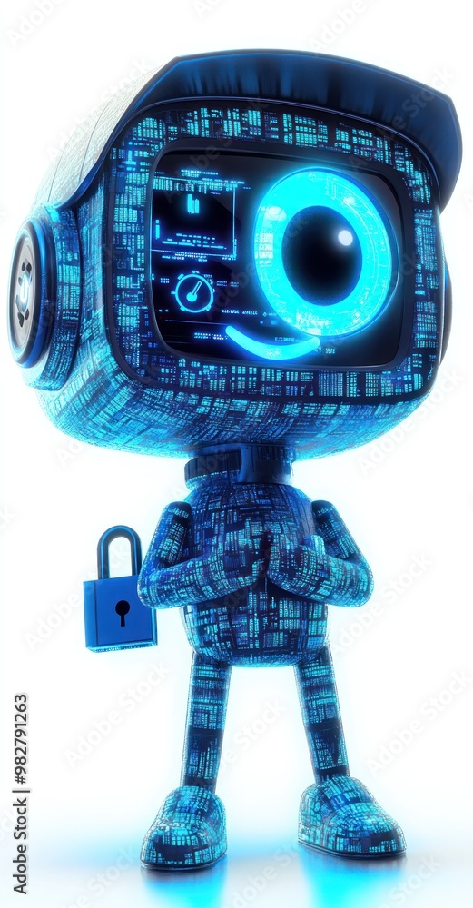 Poster a digital character with a lock, symbolizing cybersecurity and technology.