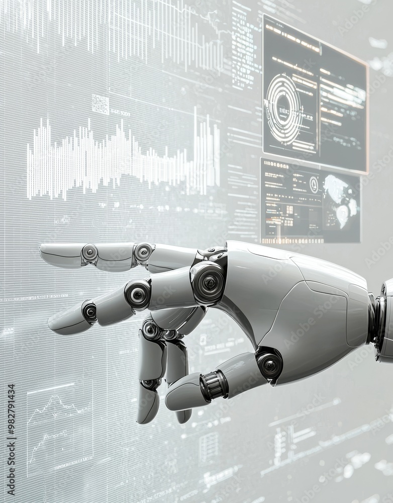 Poster a white cyborg hand using a digital data interface in 3d