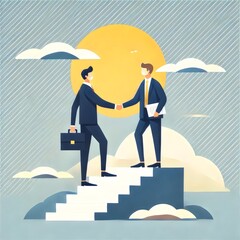 Two business professionals stand on the top of a staircase, shaking hands under a bright sun amidst the clouds