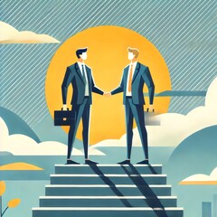 Fototapeta premium A vibrant illustration of two businessmen shaking hands at the top of a staircase, symbolizing partnership, agreement, and success in business