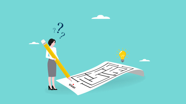 problem solving, businesswoman solving a labyrinth puzzle to get a solution, business people with maze puzzle, logical thinking to solve problem, creative strategy looking for way to success