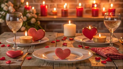 Romantic dinner setting with candles, wine glasses, and heart-shaped decorations.