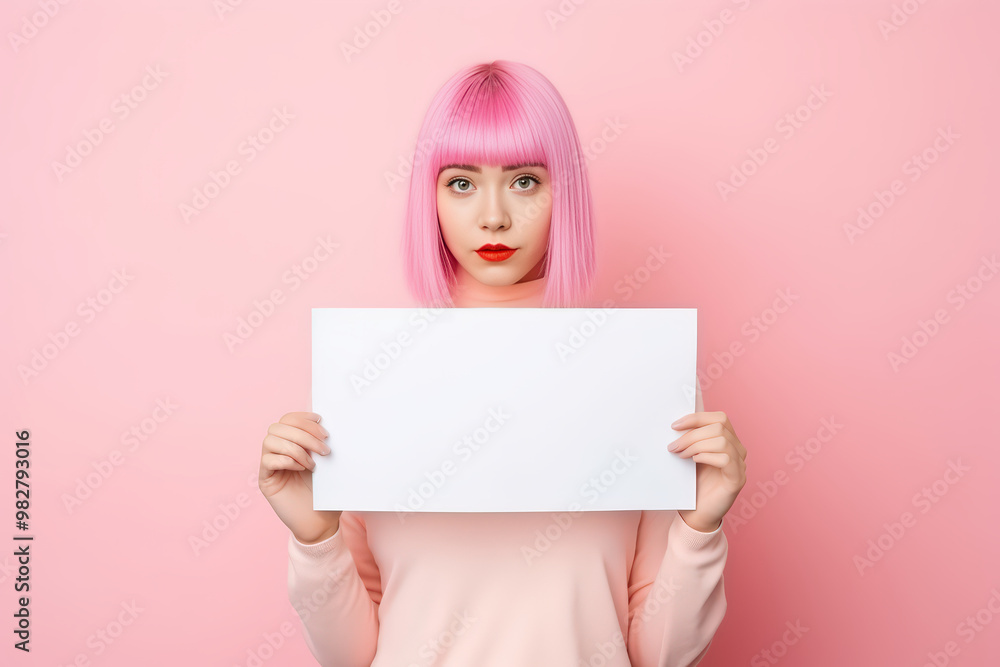 Wall mural a photo of brunette millennial lady with pink hair hold poster wear pink jumper isolated on pink col