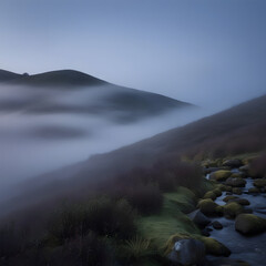 picture a hillside shrouded in a mysterious fog as dusk settles in