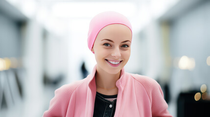 a happy beautiful woman recovering after chemotherapy, fighting cancer, Breast cancer