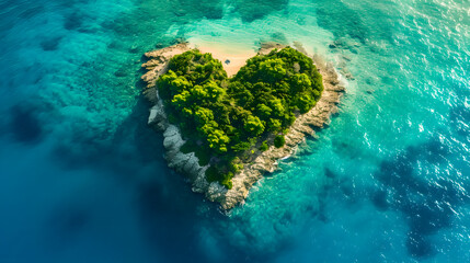 top view of tropical love island with dense trees and clear blue waters. concept of vacation with partner. 4K Island Wallpaper
