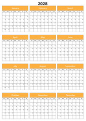 2028 Calendar Template. Vector calendar. Week starts sunday. Calendar template in minimal design