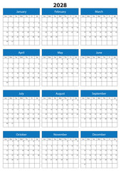 2028 Calendar Template. Vector calendar. Week starts sunday. Calendar template in minimal design