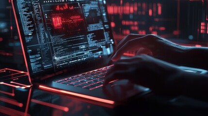 Show a digital screen with a high-tech interface displaying AI in motion Incorporate a blurred image of a hand pressing a button on a laptop keyboard