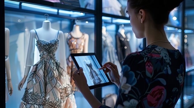 A fashion expert studies new trends in clothing using a tablet. Fashion industry concept.