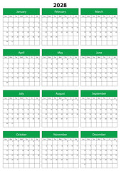 2028 Calendar Template. Vector calendar. Week starts sunday. Calendar template in minimal design