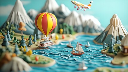 Fototapeta premium Explore the World: A Whimsical 3D Travel Diorama Poster Featuring a Red and Yellow Balloon, Airplane, Tactile Map, and Sailboats – Perfect for Travel Lovers' Sports Interiors!