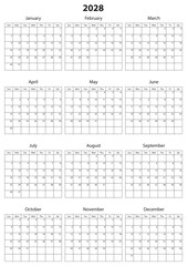 2028 Calendar Template. Vector calendar. Week starts sunday. Calendar template in minimal design
