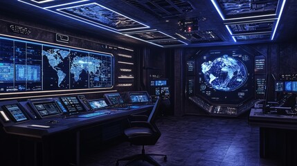 Featuring a holographic map, large displays, cool blue tones, and operators controlling the mission. Sleek and modern with cool blue tones, holographic elements, and detailed 3D menus.