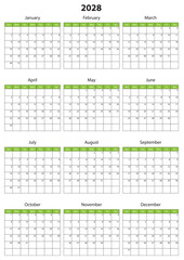 2028 Calendar Template. Vector calendar. Week starts sunday. Calendar template in minimal design