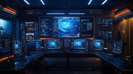 Command center with 3D interfaces, large screens, and a holographic map Sleek and modern with cool blue tones, holographic elements, and detailed 3D displays
