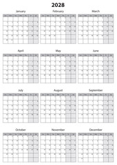 2028 Calendar Template. Vector calendar. Week starts sunday. Calendar template in minimal design