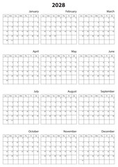 2028 Calendar Template. Vector calendar. Week starts sunday. Calendar template in minimal design