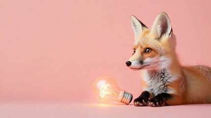 Obraz premium Fox with Light Bulb on Pink Background
