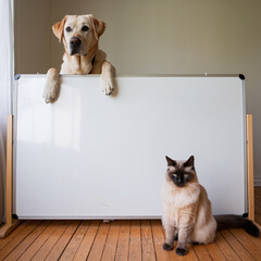 Cute Pets Peeking Over Signboard
