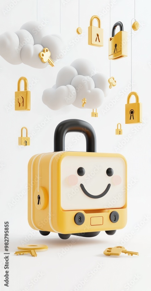 Poster a cheerful yellow suitcase with a smiling face, surrounded by clouds and floating locks and keys.