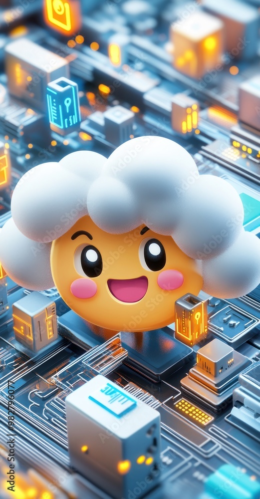 Poster a cheerful cloud character surrounded by digital elements on a circuit board.
