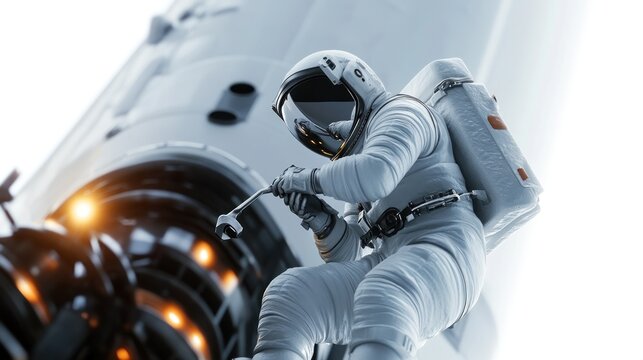 An astronaut performs maintenance on a rocket, showcasing space exploration and technology.