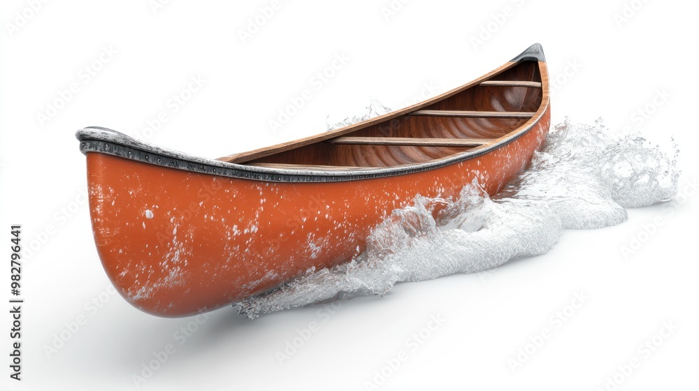 Canvas Prints A vibrant orange canoe splashing through water, symbolizing adventure and leisure activities.