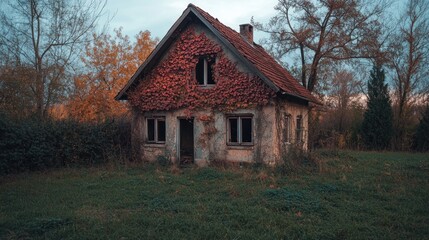 An abandoned house overgrown with vines, surrounded by trees and grass in a serene landscape.
