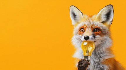 Obraz premium Fox Holding Light Bulb on Yellow Background