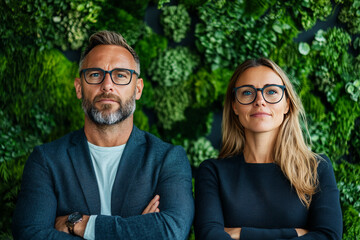 Fototapeta premium A confident couple stand in front of a green wall.