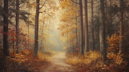 Fototapeta premium Quiet autumn forest scene, showing a secluded path surrounded by tall trees with golden and red leaves, and a soft, tranquil ambiance