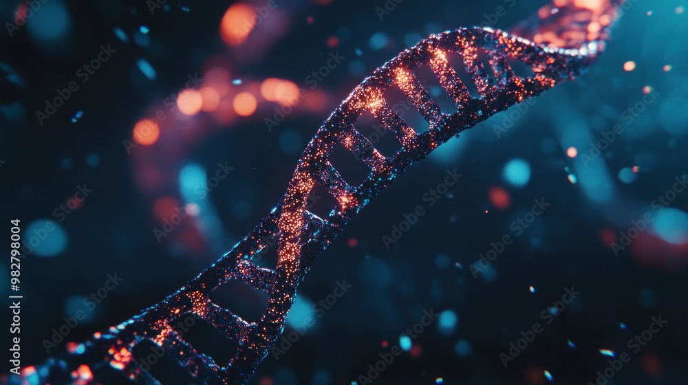 Poster a close-up view of a dna double helix with glowing particles, representing genetic science.