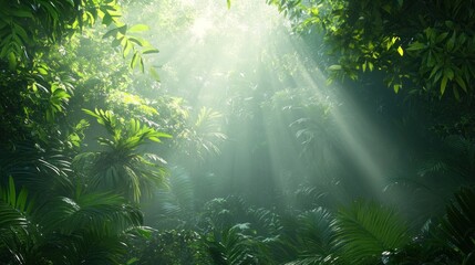 Rainforest foliage with mist rising, sunlight piercing through, dense trees