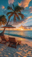 Obraz premium Beach chairs and umbrellas on the white sand beach with palm trees at sunset, a summer vacation concept banner for travel advertising background or poster design. 