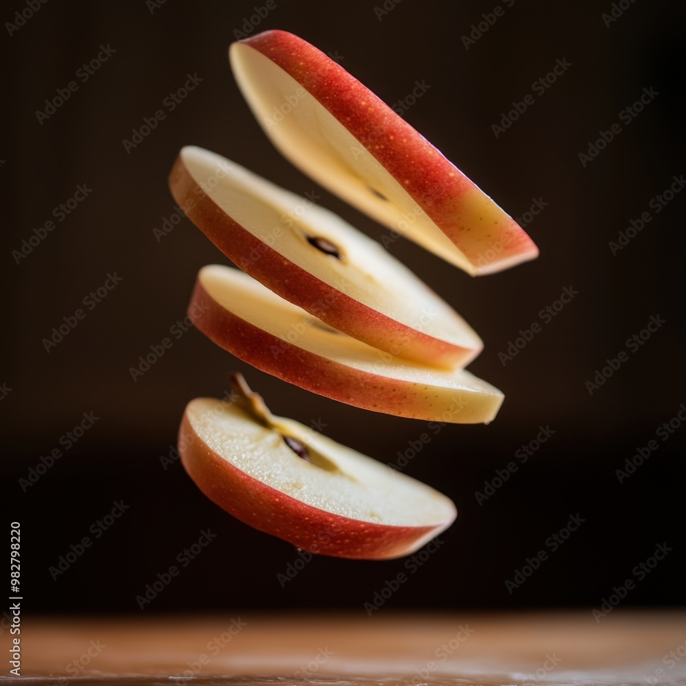 Poster Floating apple slices in mid-air, showcasing a creative food presentation.