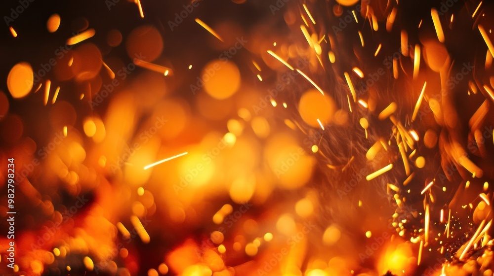 Poster a close-up of glowing embers and sparks from a fire, creating a warm, dynamic atmosphere.
