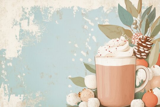 vintage illustration, Christmas hot chocolate or  coffee. New Year, lith printing, romantic, with copy space area. Winter drink on dark background with lights. Holidays treats concept. Copy space