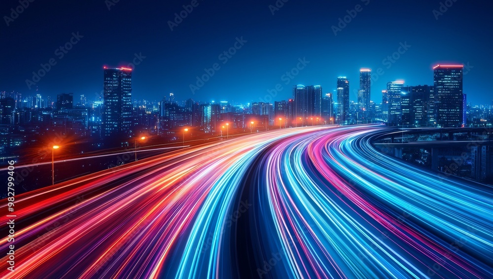 Poster abstract shapes are intertwined with glowing glowing red and blue lines in this futuristic digital i