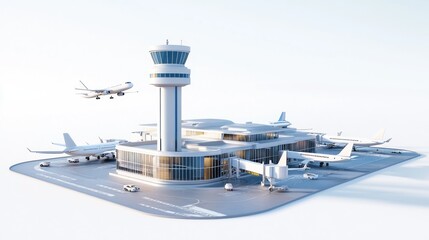 A modern airport terminal with planes, control tower, and ground vehicles.