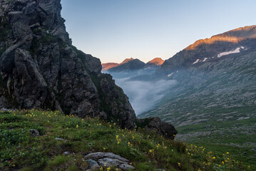 View from Colle del Colletto mountain pass in Alpi Graie mountains in Italy