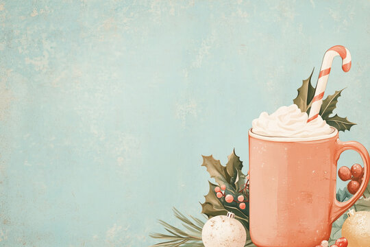 vintage illustration, Christmas hot chocolate or  coffee. New Year, lith printing, romantic, with copy space area. Winter drink on dark background with lights. Holidays treats concept. Copy space