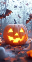 Naklejka premium A glowing jack-o'-lantern surrounded by bats and ghostly figures in a misty forest.