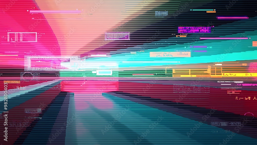 Poster abstract digital glitch featuring distorted color bars and a noise background. perfect for tech, med