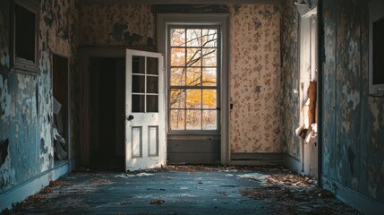 Fototapeta premium An abandoned room with peeling wallpaper and a view of autumn trees through a window.
