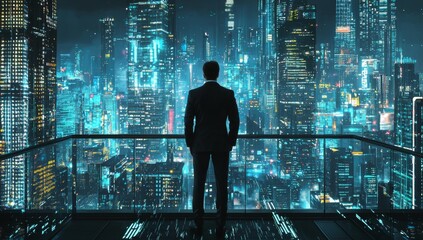 An impressionist rendering of a futuristic businessman admiring a digital interface above a glimmering cityscape decorated with intricate technological design elements
