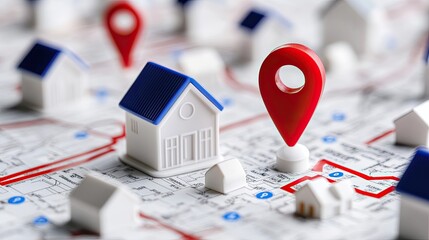 Fototapeta premium Red Location Pin on Map with House Models